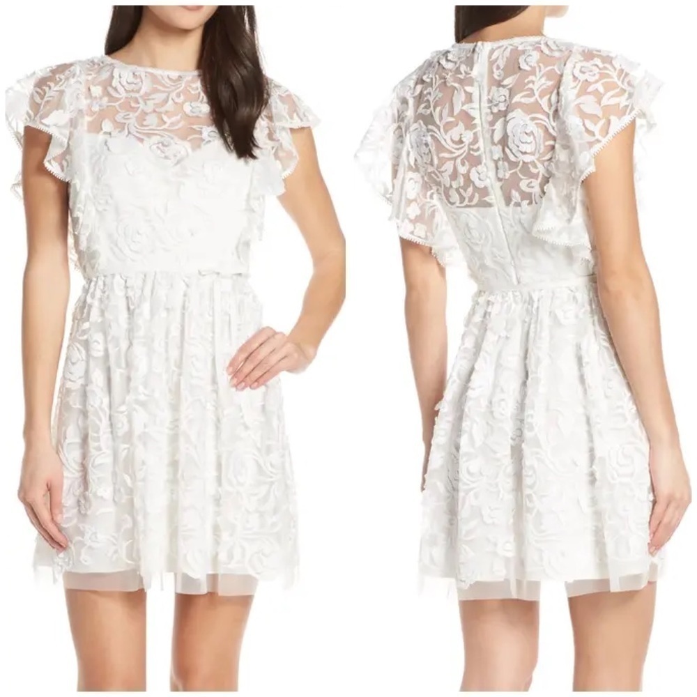 NWT ML Monique Lhuillier Floral Embroidery Ruffle Party Dress Bridal White Sz 6